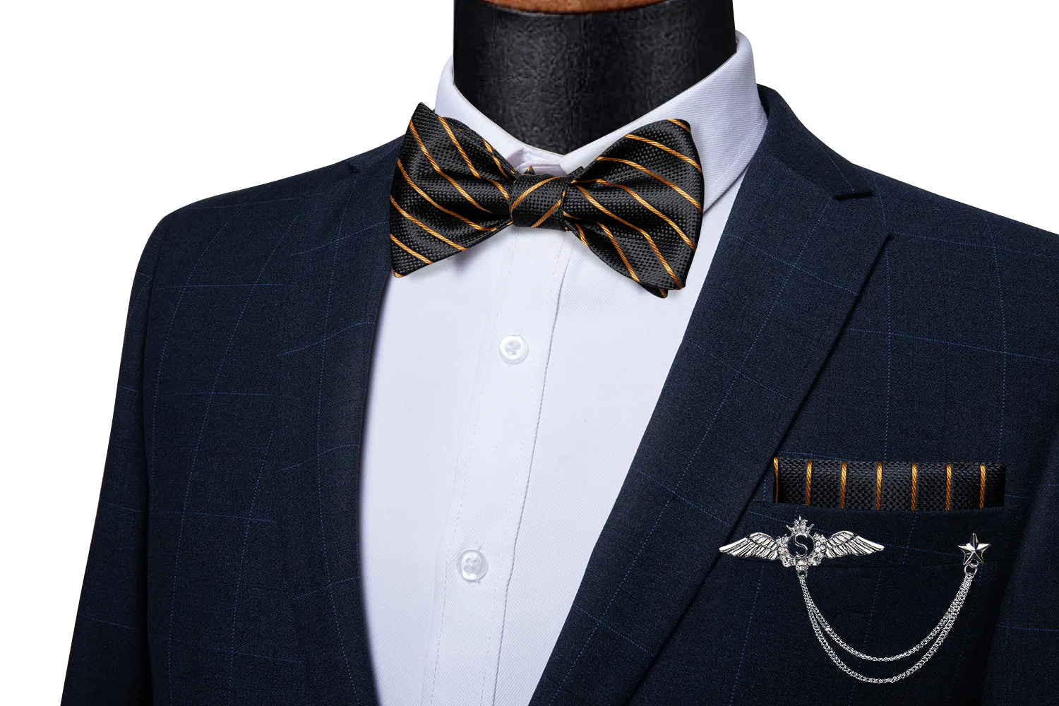 Black Yellow Striped Self-Bowtie Pocket Square Cufflinks With Wing Lapel Pin Brooch