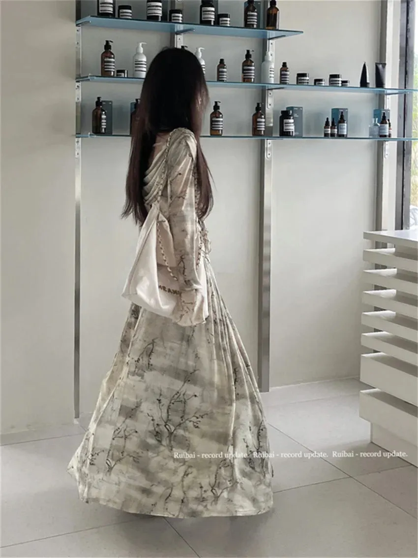 Girlary Elegant Slash Neck Blouses Women Tie-Dying Long Skirts 2024 Gentle Elegant Office Lady Spring Printed Florals Suits